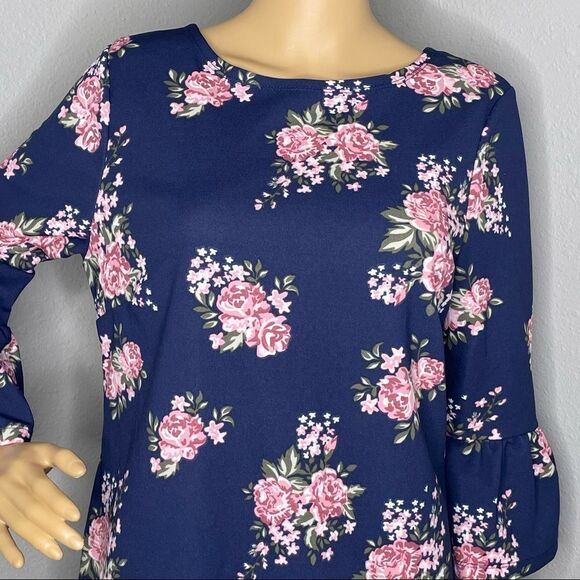 NWT Hot Gal 3/4 Sleeve Floral Mini Dress Navy Blue With Pink White Flowers Large - Picture 2 of 11